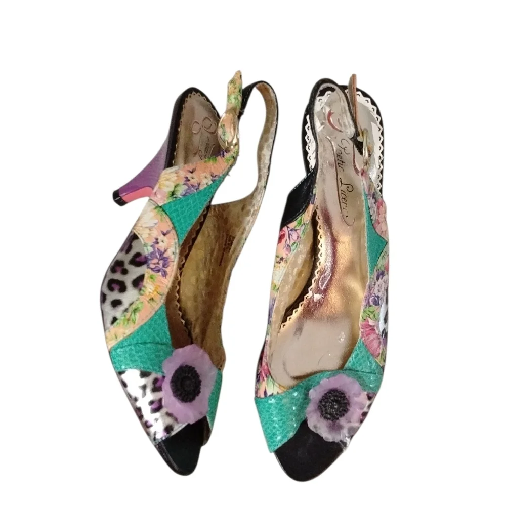 POETIC LICENSE Passion Fruit Tea Party Peep Toe Leather Sling Back Heels Sz 5.5